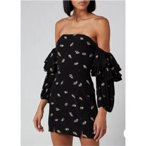 Rotate Mini Dress Off-Shoulder Long Sleeve Black Floral Ruffle Trim